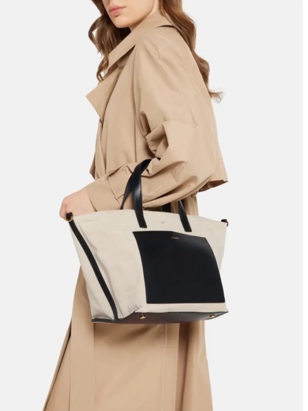 JILL SANDERS Canvas Tote Bag with Black Leather Accents - Cream/Black